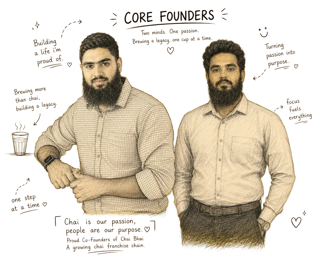 Abdul Hakeem and Aadil Najimudeen, co-founders of The Chai Bhai, sketched side by side under the heading 'Core Founders', with handwritten notes reading 'Building a life i'm proud of', 'Turning passion into purpose', 'focus fuels everything' and 'Chai is our passion, people are our purpose'